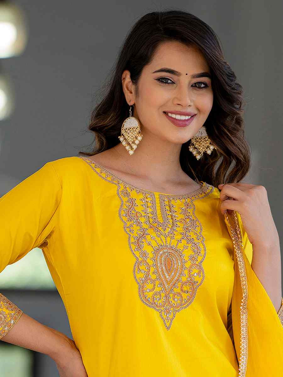Yellow Silk Blend Embroidery Party Wedding Festival Casual Ready Pant Salwar Kameez