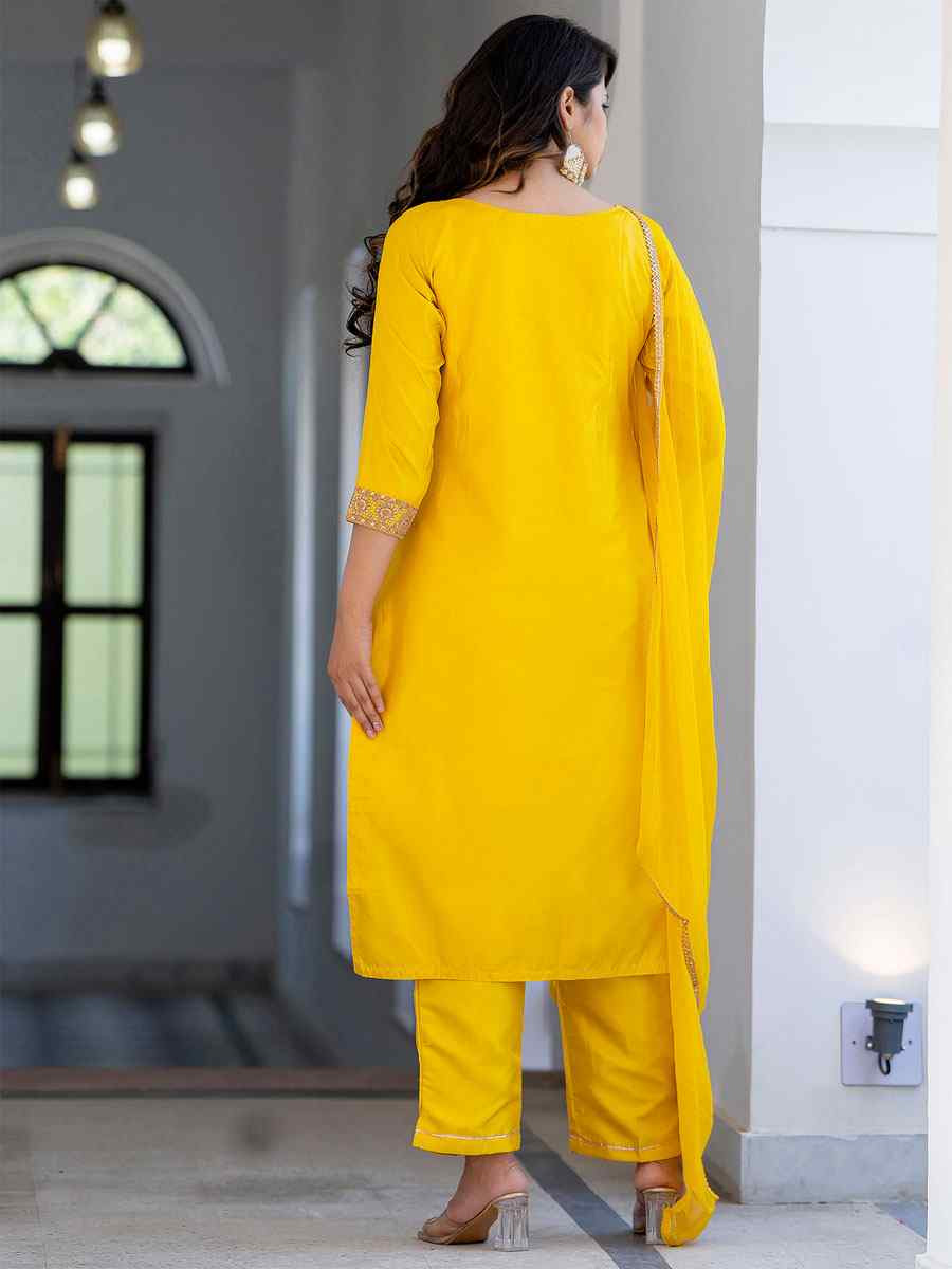 Yellow Silk Blend Embroidery Party Wedding Festival Casual Ready Pant Salwar Kameez