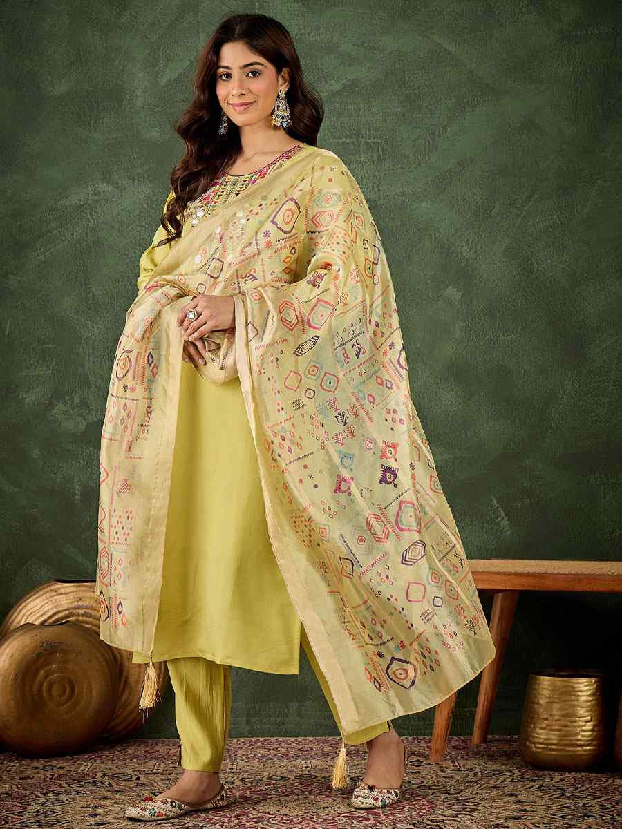 Yellow Silk Blend Embroidery Party Wedding Festival Casual Ready Pant Salwar Kameez