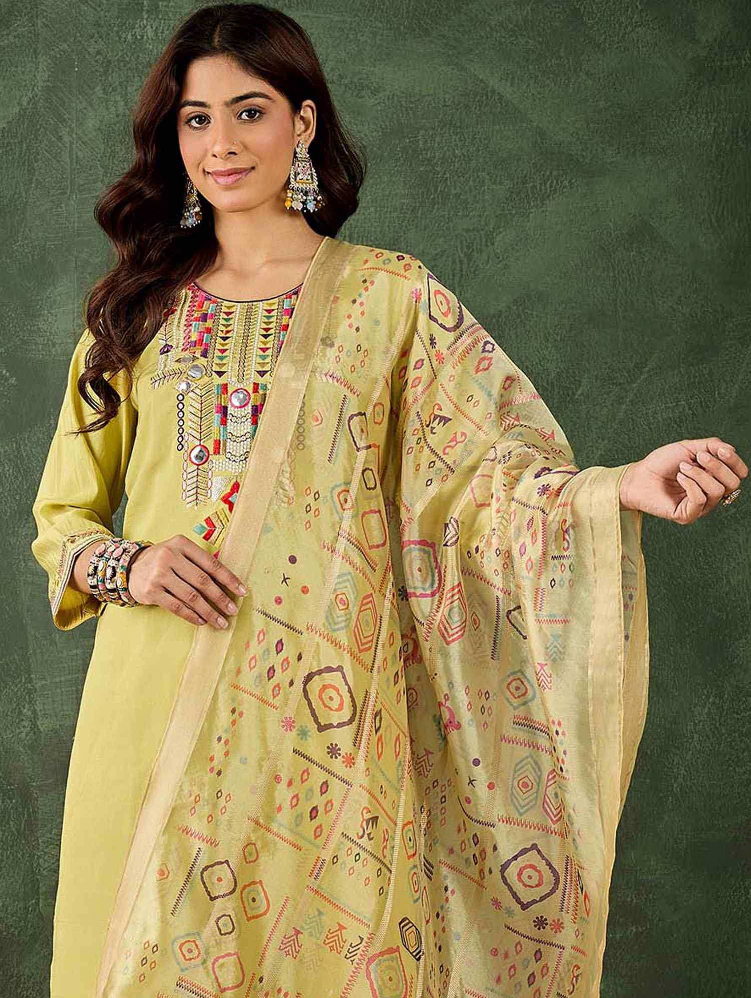 Yellow Silk Blend Embroidery Party Wedding Festival Casual Ready Pant Salwar Kameez