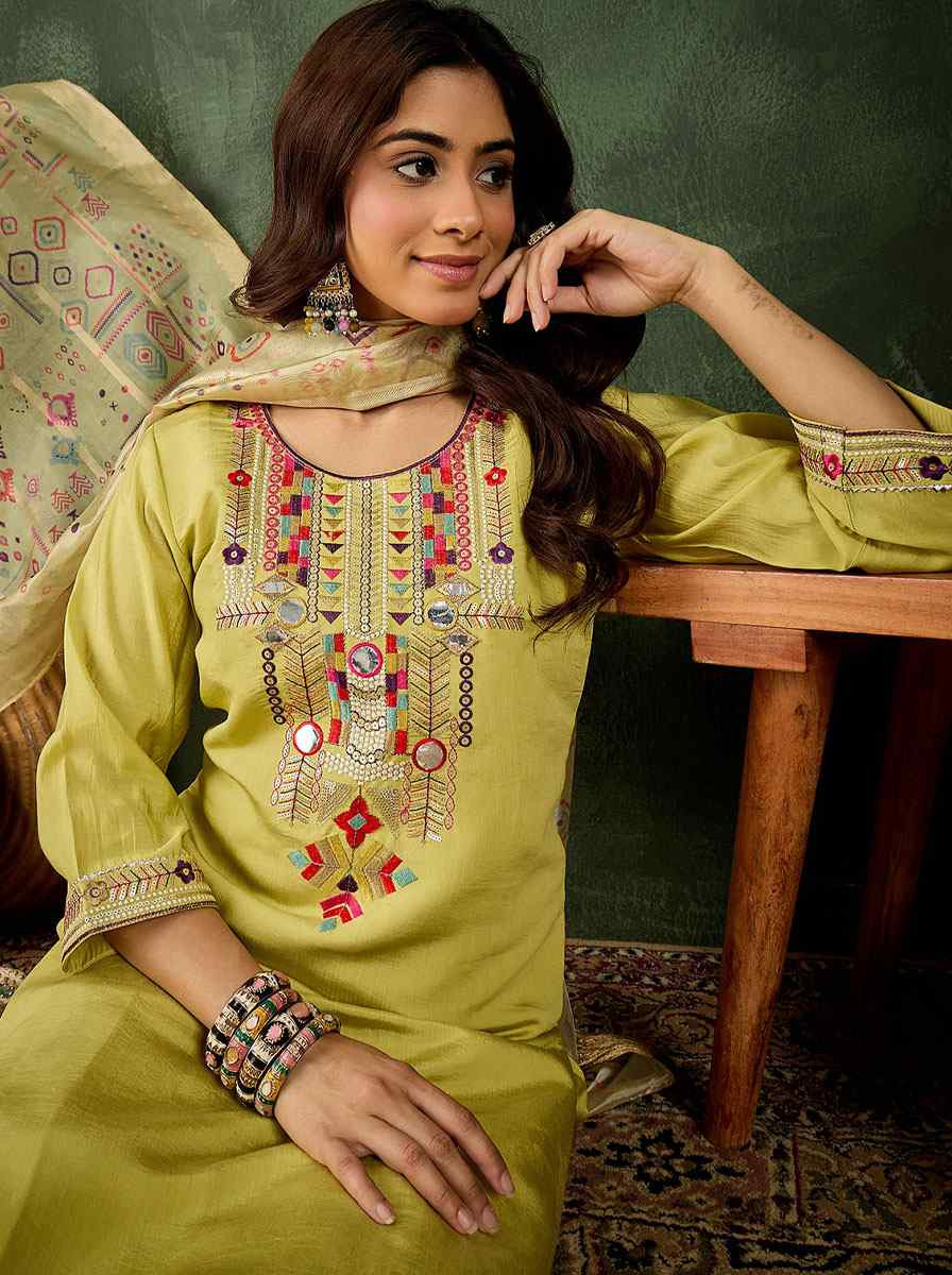 Yellow Silk Blend Embroidery Party Wedding Festival Casual Ready Pant Salwar Kameez