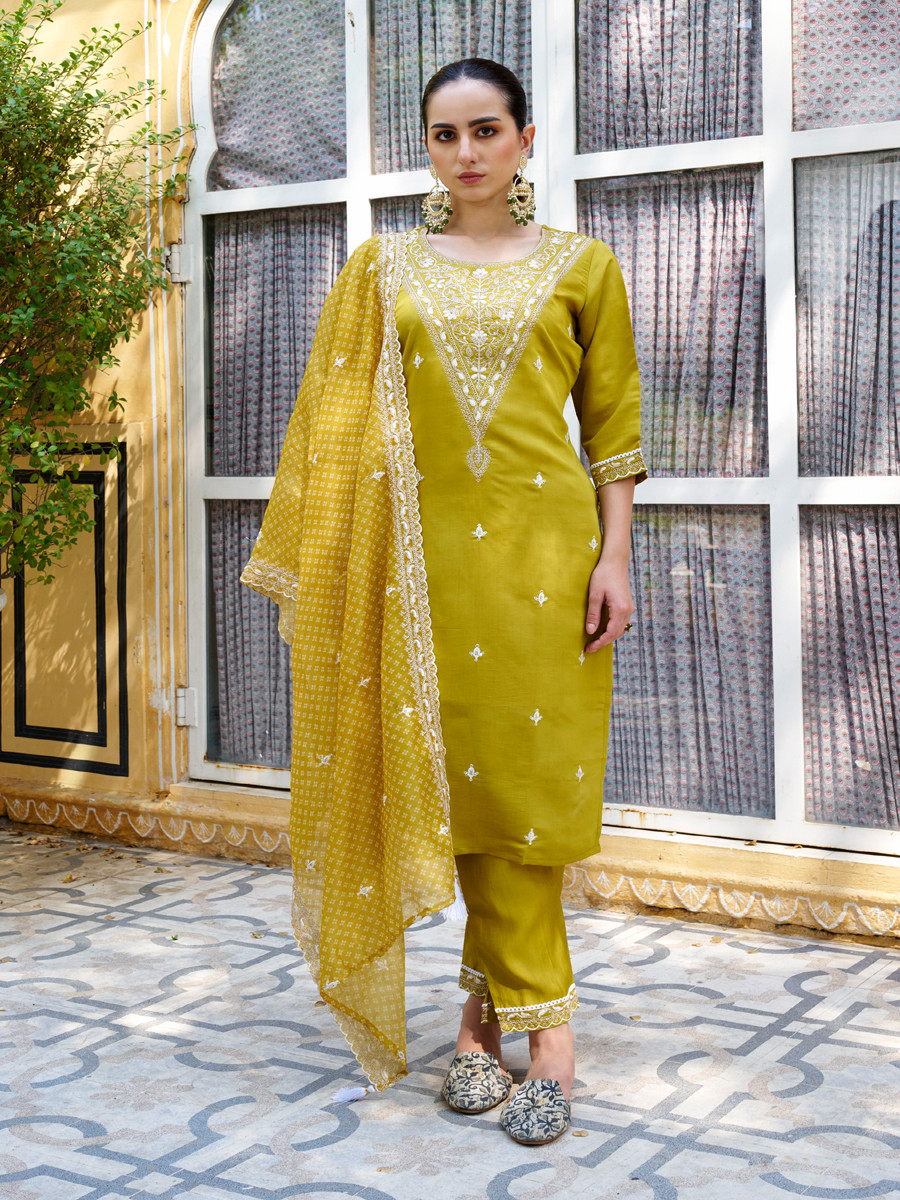 Yellow Silk Blend Embroidery Sequins Wedding Party Festival Casual Haldi Ready Pant Salwar Kameez