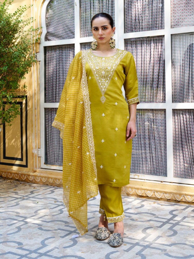 Image of Yellow Silk Blend Embroidery Sequins Wedding Party Festival Casual Haldi Ready Pant Salwar Kameez