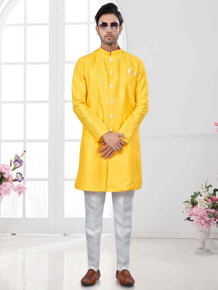 Yellow Silk Dupion Embroidered Festival Wedding Sherwani