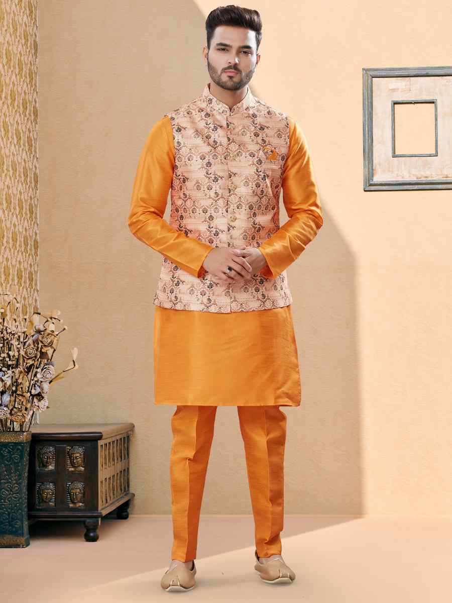 Yellow Silk Dupion Printed Festival Party Kurta