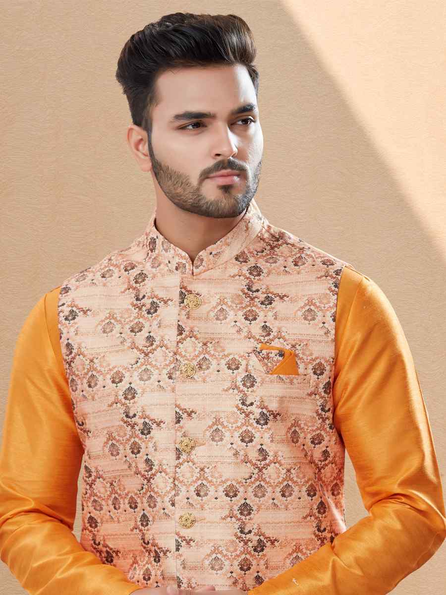 Yellow Silk Dupion Printed Festival Party Kurta