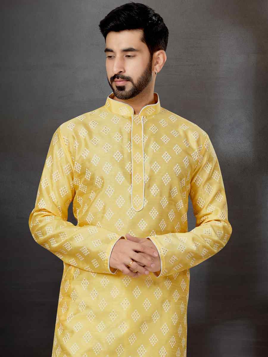 Yellow Silk Dupion Woven Festival Wedding Kurta