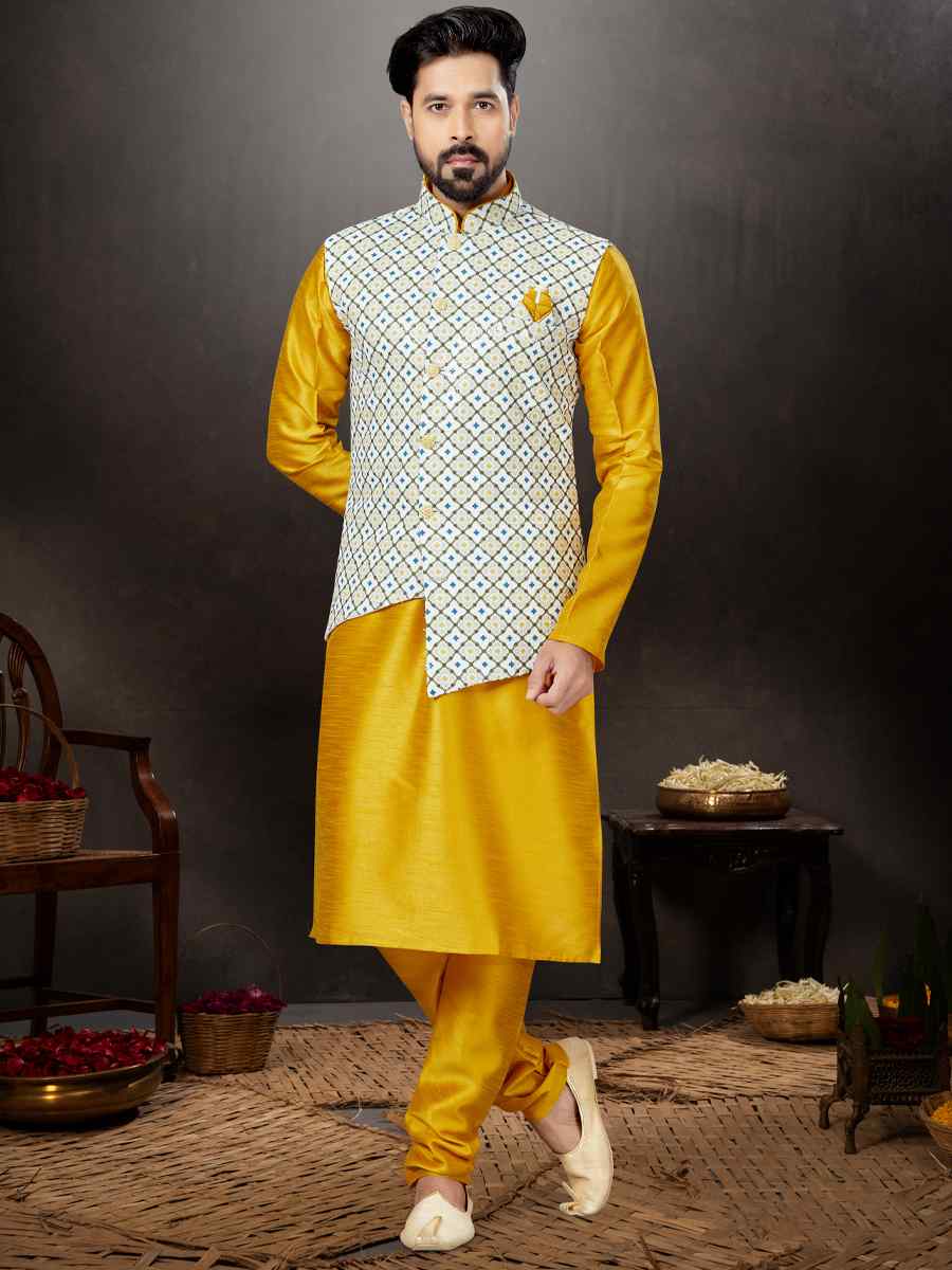 Yellow Silk Dupion Woven Festival Wedding Kurta