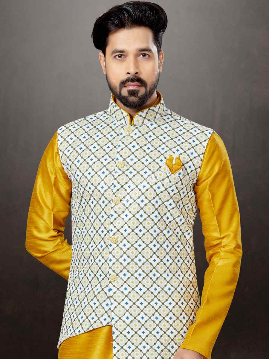 Yellow Silk Dupion Woven Festival Wedding Kurta