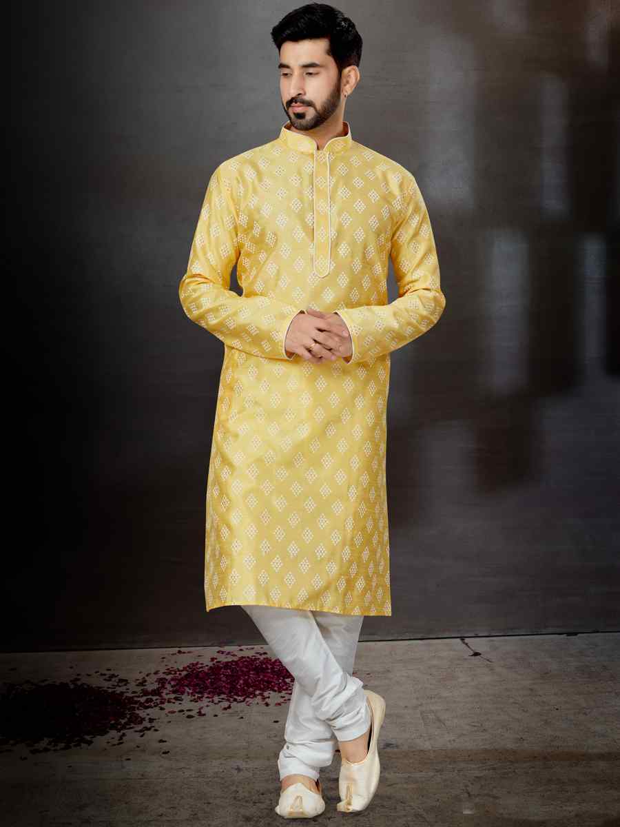 Yellow Silk Dupion Woven Festival Wedding Kurta