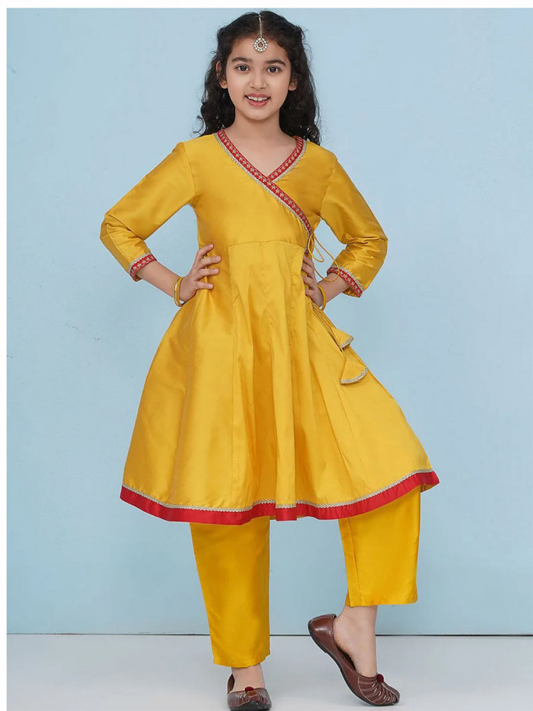 Image of Yellow Silk Embroidered Ethnic Casual Festival Party Wedding Salwars Girls Wear