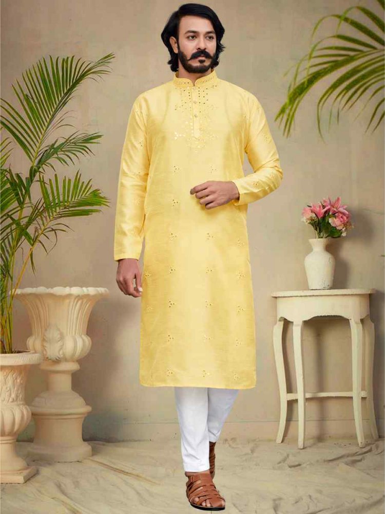 Yellow Silk Embroidered Festival Casual Kurta