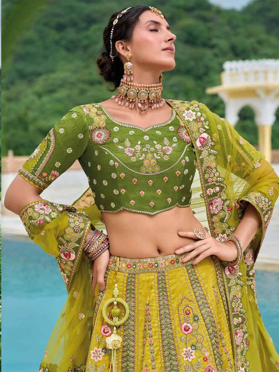 Yellow Silk Embroidered Festival Reception Bridal Traditional Heavy Border Lehenga Choli