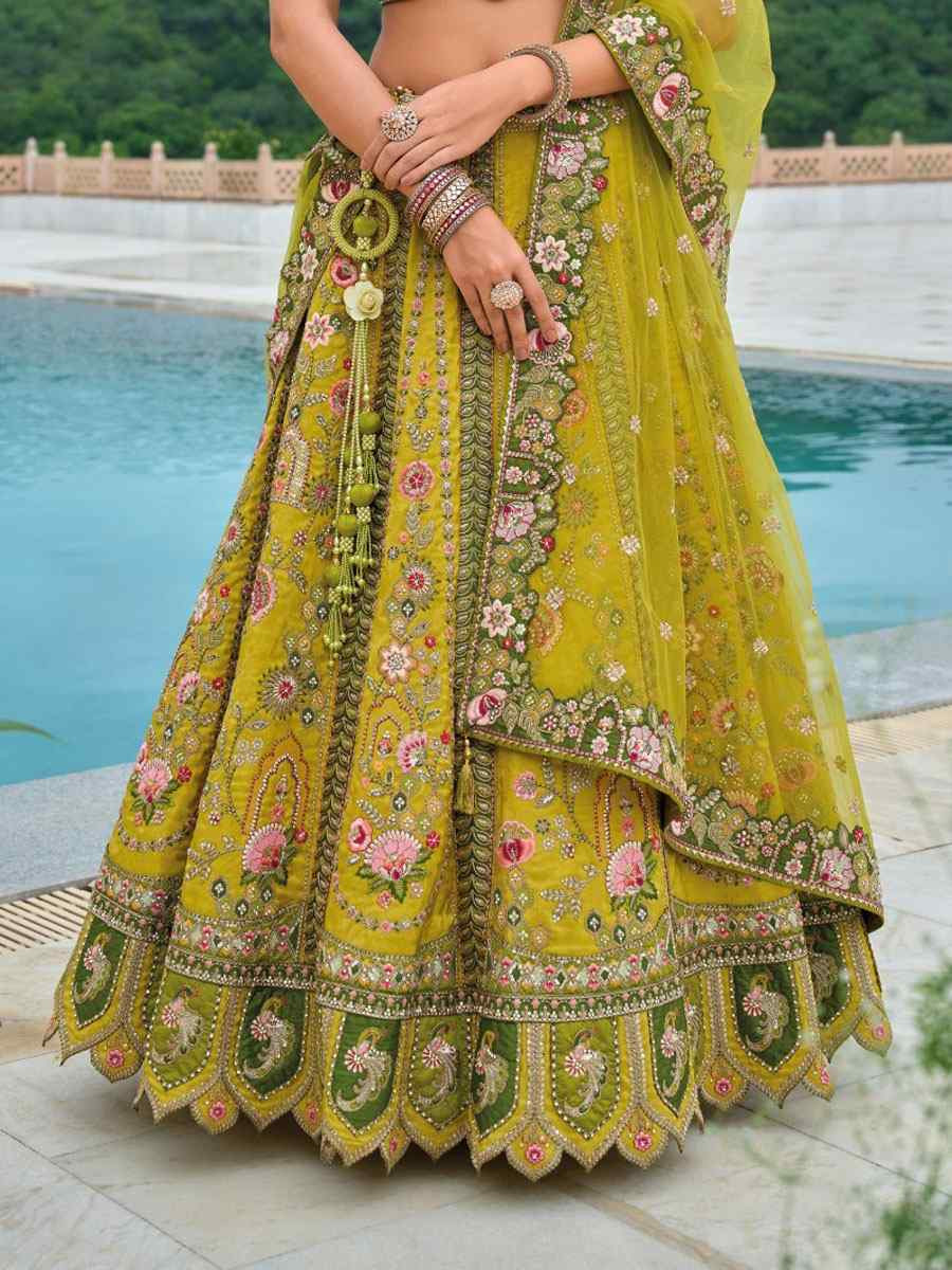 Yellow Silk Embroidered Festival Reception Bridal Traditional Heavy Border Lehenga Choli