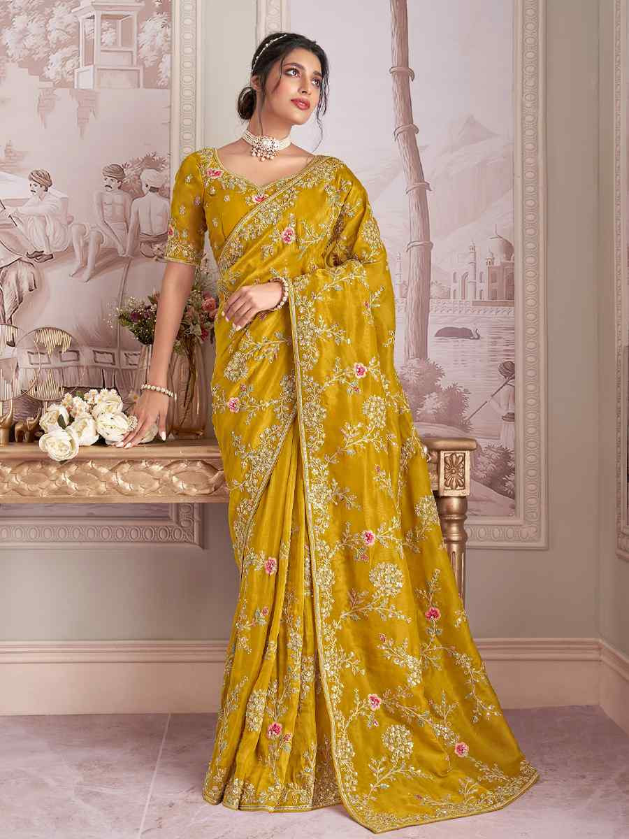 Yellow Silk Embroidered Festival Wedding Fancy Heavy Border Saree