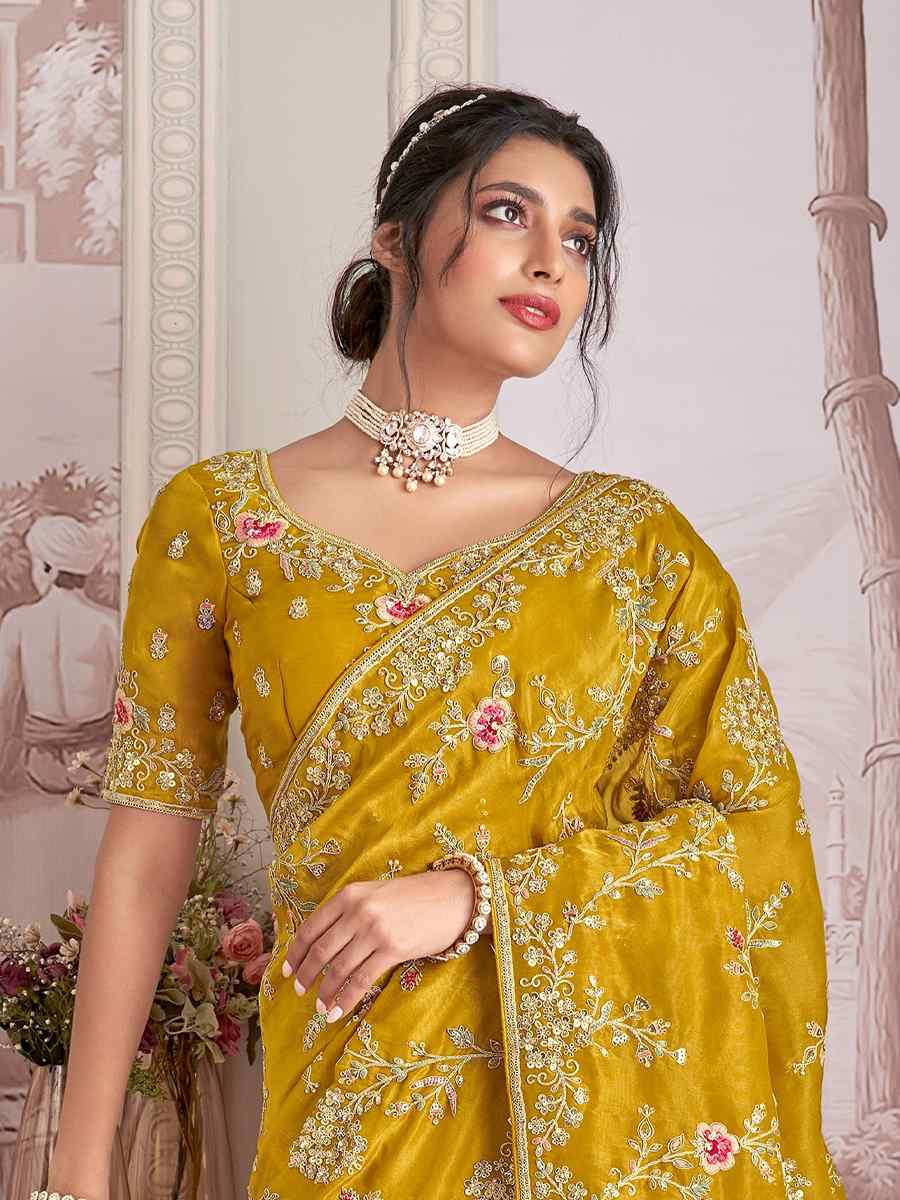 Yellow Silk Embroidered Festival Wedding Fancy Heavy Border Saree