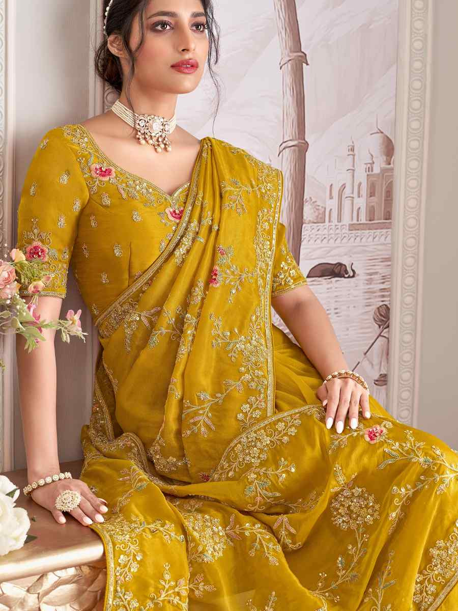 Yellow Silk Embroidered Festival Wedding Fancy Heavy Border Saree