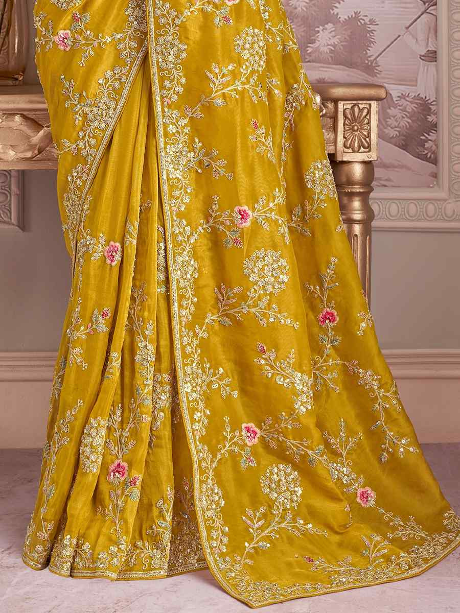 Yellow Silk Embroidered Festival Wedding Fancy Heavy Border Saree