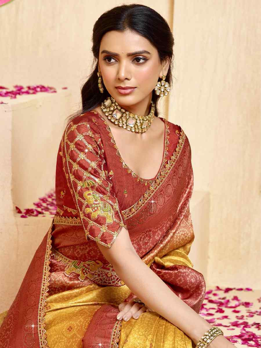 Yellow Silk Embroidered Festival Wedding Fancy Heavy Border Saree