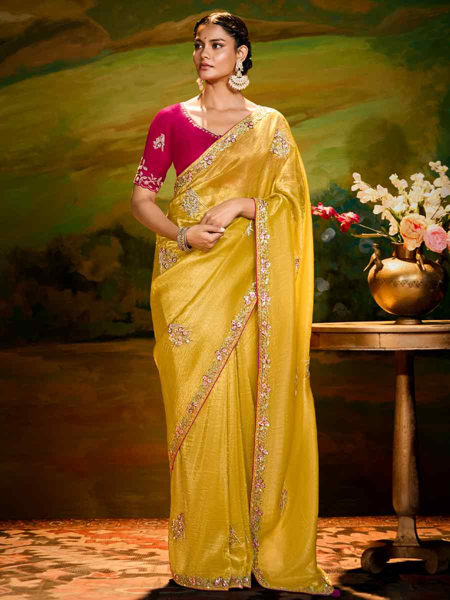 Yellow Silk Embroidered Festival Wedding Fancy Heavy Border Saree
