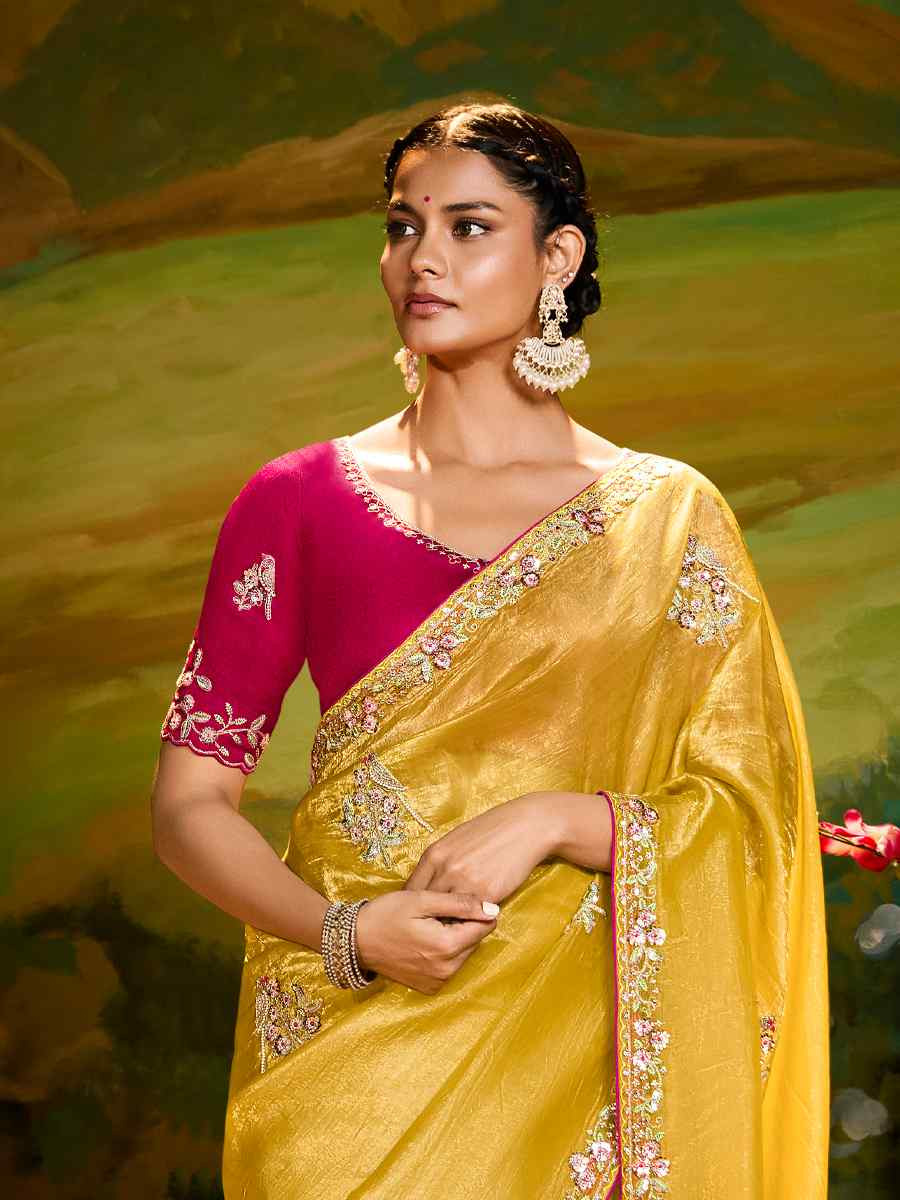 Yellow Silk Embroidered Festival Wedding Fancy Heavy Border Saree