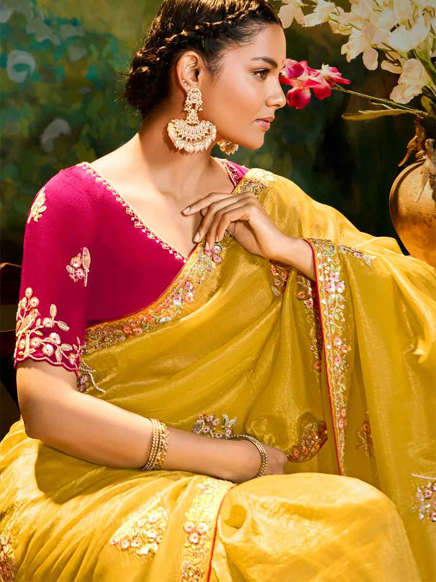 Yellow Silk Embroidered Festival Wedding Fancy Heavy Border Saree