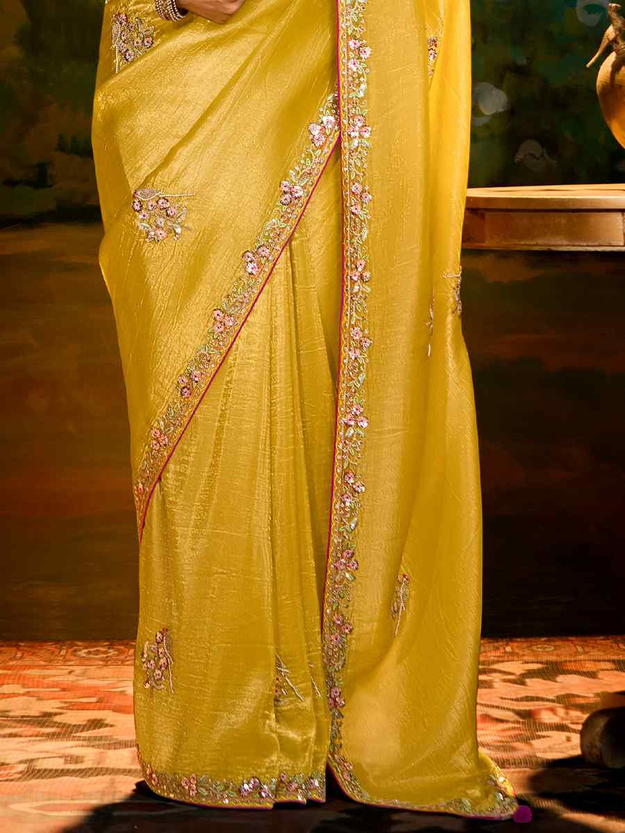 Yellow Silk Embroidered Festival Wedding Fancy Heavy Border Saree