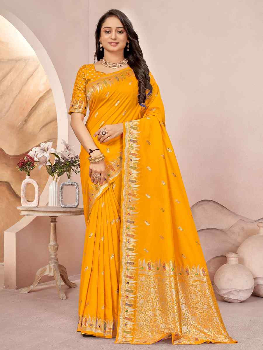 Yellow Silk Embroidered Festival Wedding Fancy Heavy Border Saree