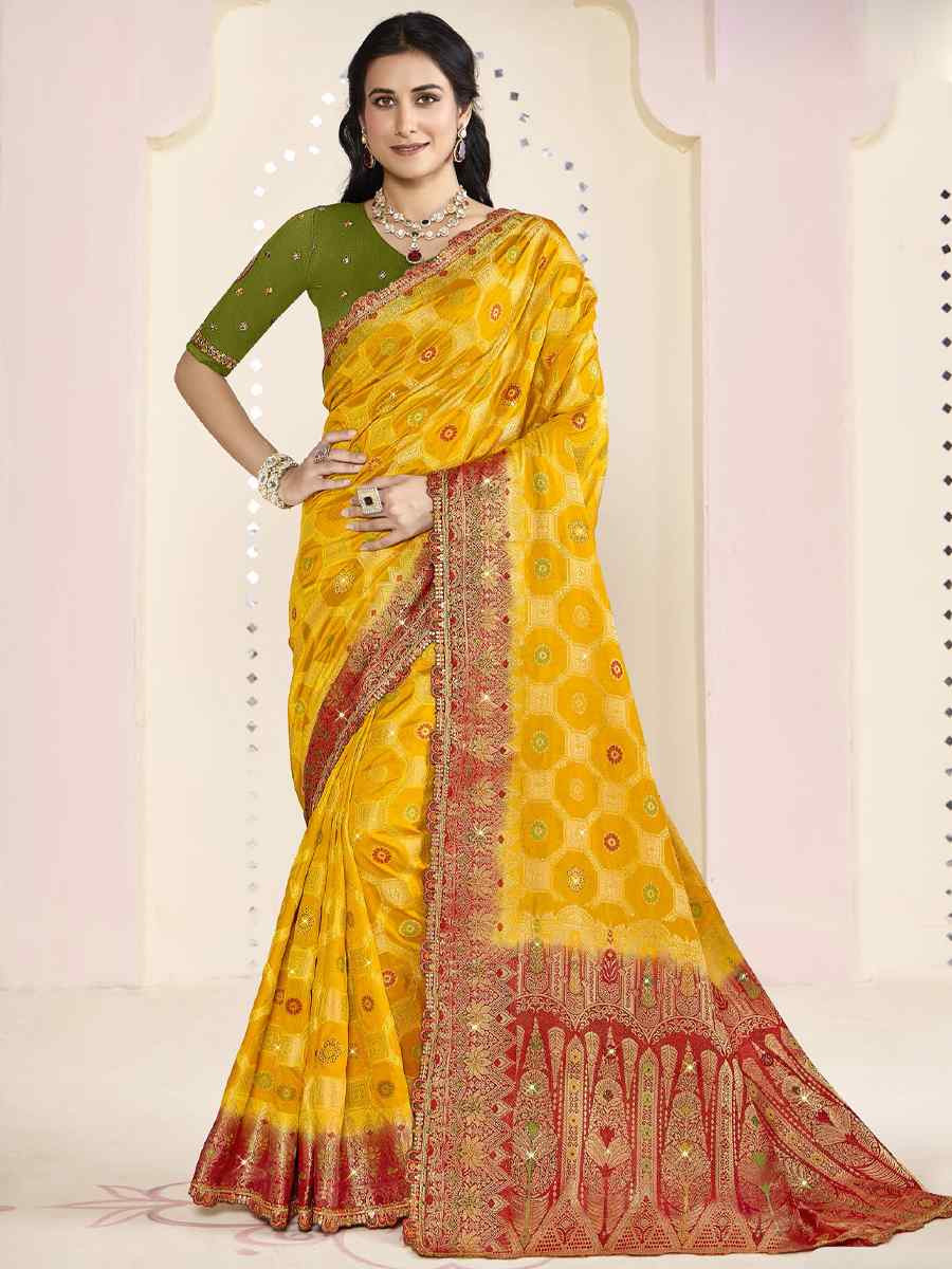 Yellow Silk Embroidered Festival Wedding Fancy Heavy Border Saree
