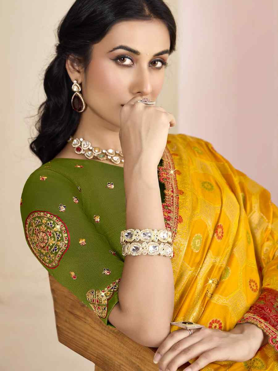 Yellow Silk Embroidered Festival Wedding Fancy Heavy Border Saree