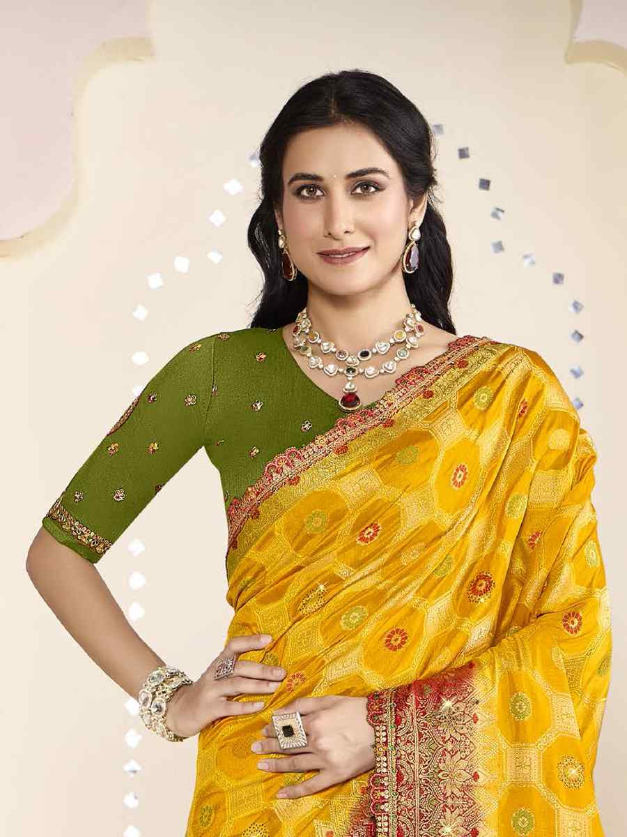 Yellow Silk Embroidered Festival Wedding Fancy Heavy Border Saree