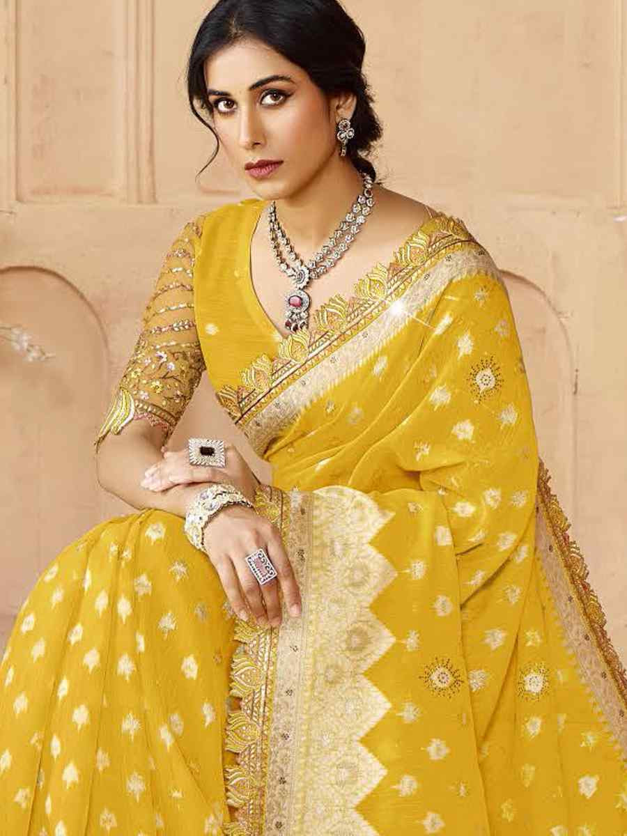 Yellow Silk Embroidered Festival Wedding Fancy Heavy Border Saree