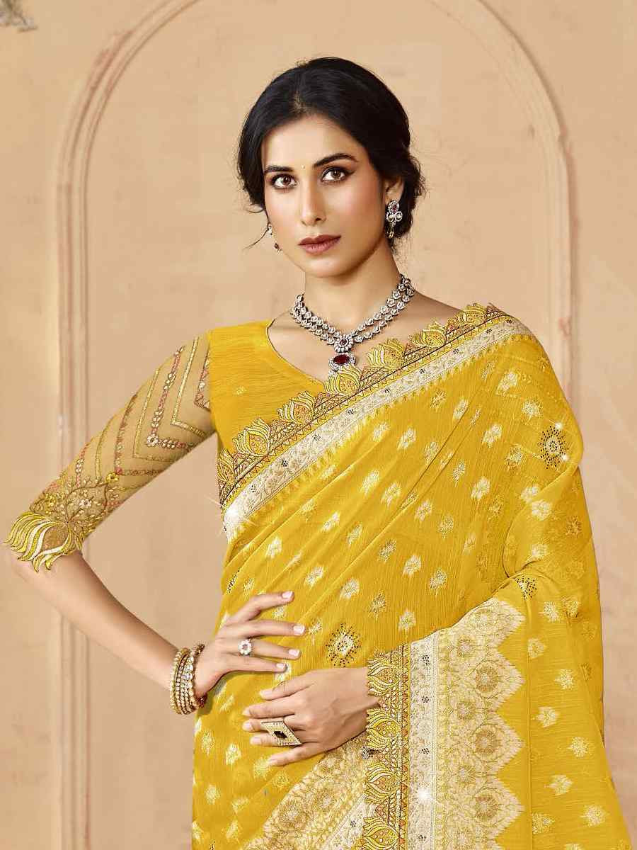 Yellow Silk Embroidered Festival Wedding Fancy Heavy Border Saree
