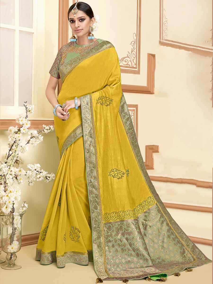 Yellow Silk Embroidered Reception Wedding Heavy Border Saree