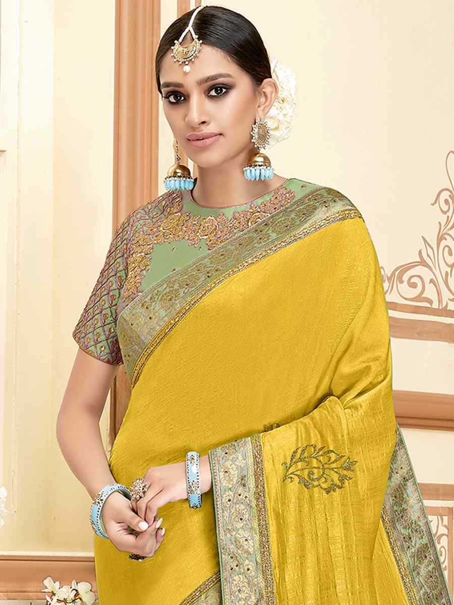 Yellow Silk Embroidered Reception Wedding Heavy Border Saree