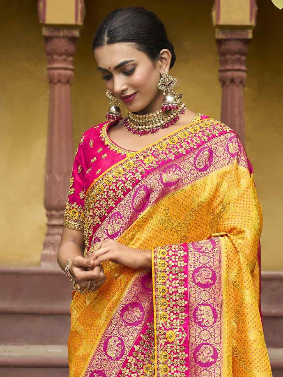 Yellow Silk Embroidered Wedding Festival Heavy Border Saree