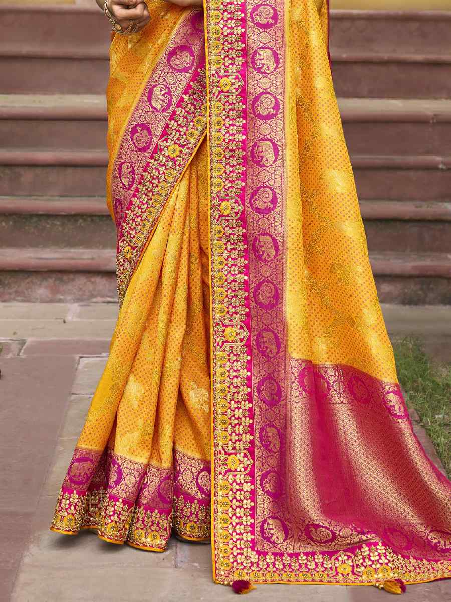 Yellow Silk Embroidered Wedding Festival Heavy Border Saree