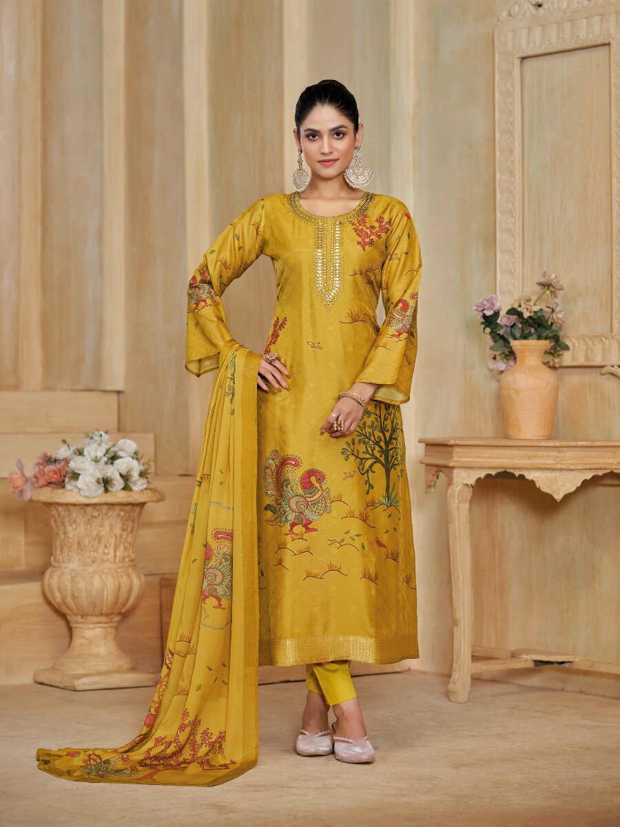 Yellow Silk Embroidery Digital Printed Wedding Party Festival Casual Pant Salwar Kameez