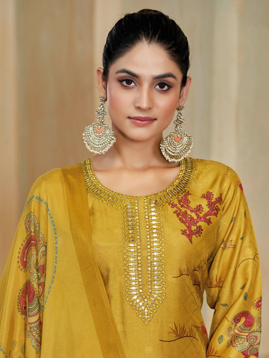 Yellow Silk Embroidery Digital Printed Wedding Party Festival Casual Pant Salwar Kameez