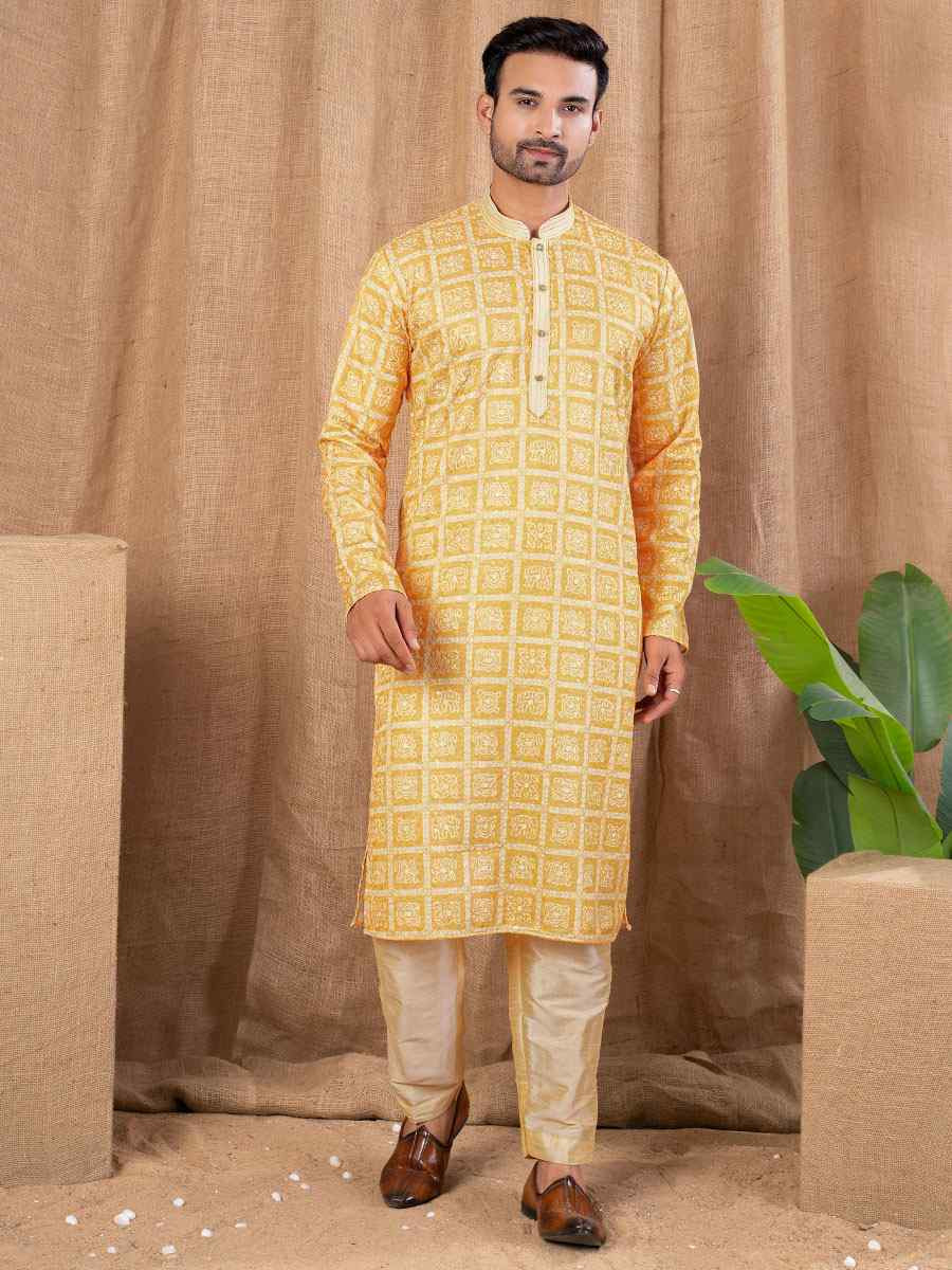 Yellow Silk Embroidery Festival Wedding Party Mens Kurta