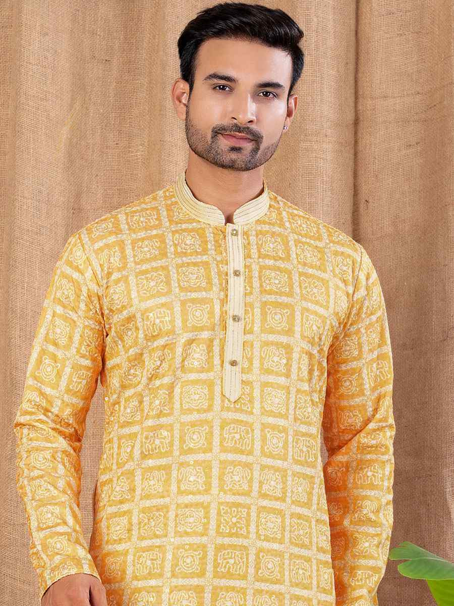 Yellow Silk Embroidery Festival Wedding Party Mens Kurta