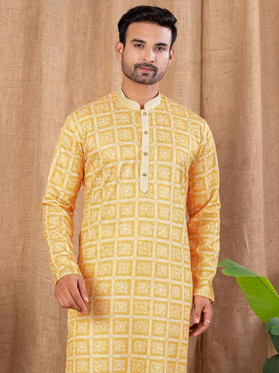 Yellow Silk Embroidery Festival Wedding Party Mens Kurta