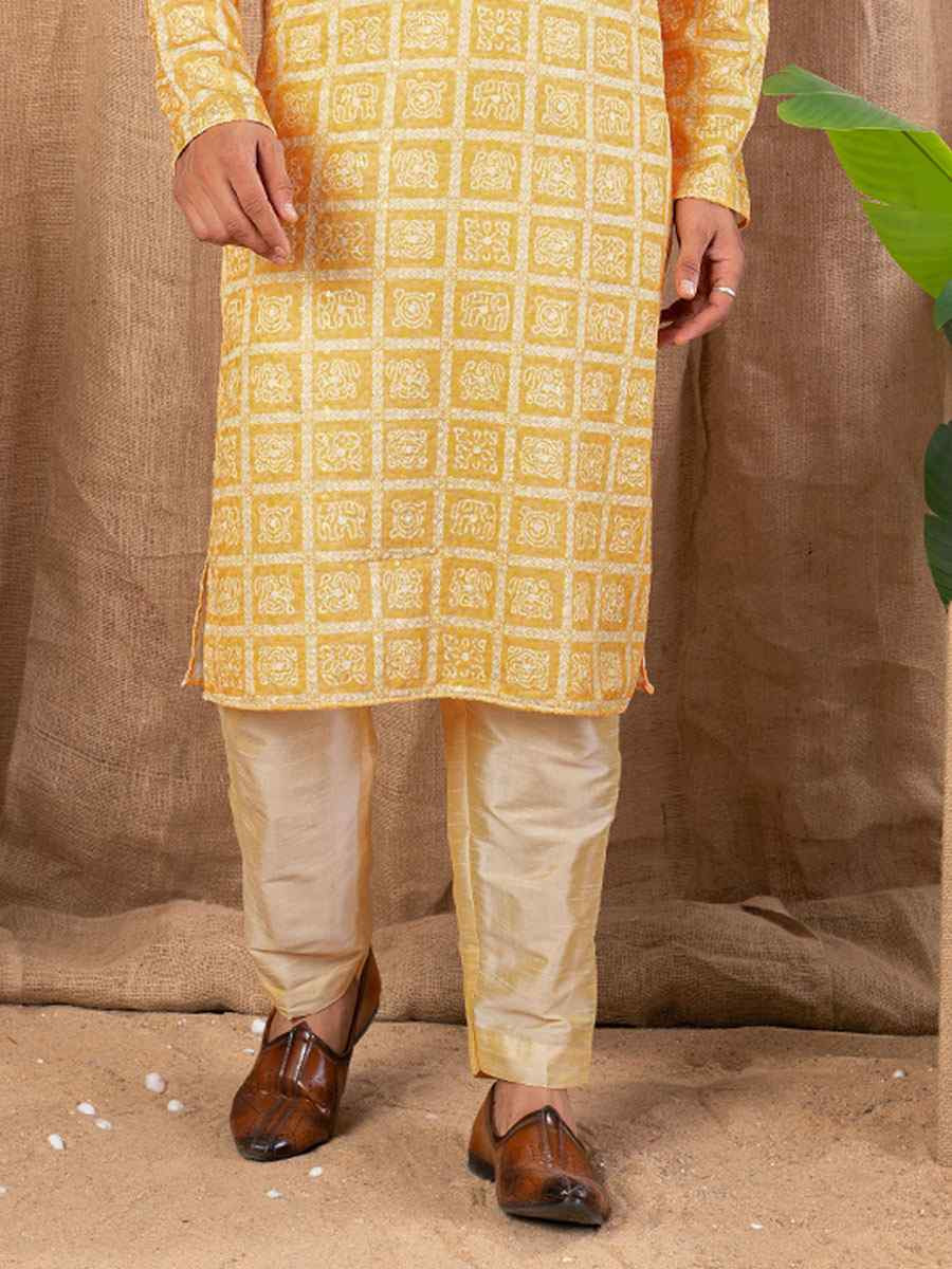 Yellow Silk Embroidery Festival Wedding Party Mens Kurta