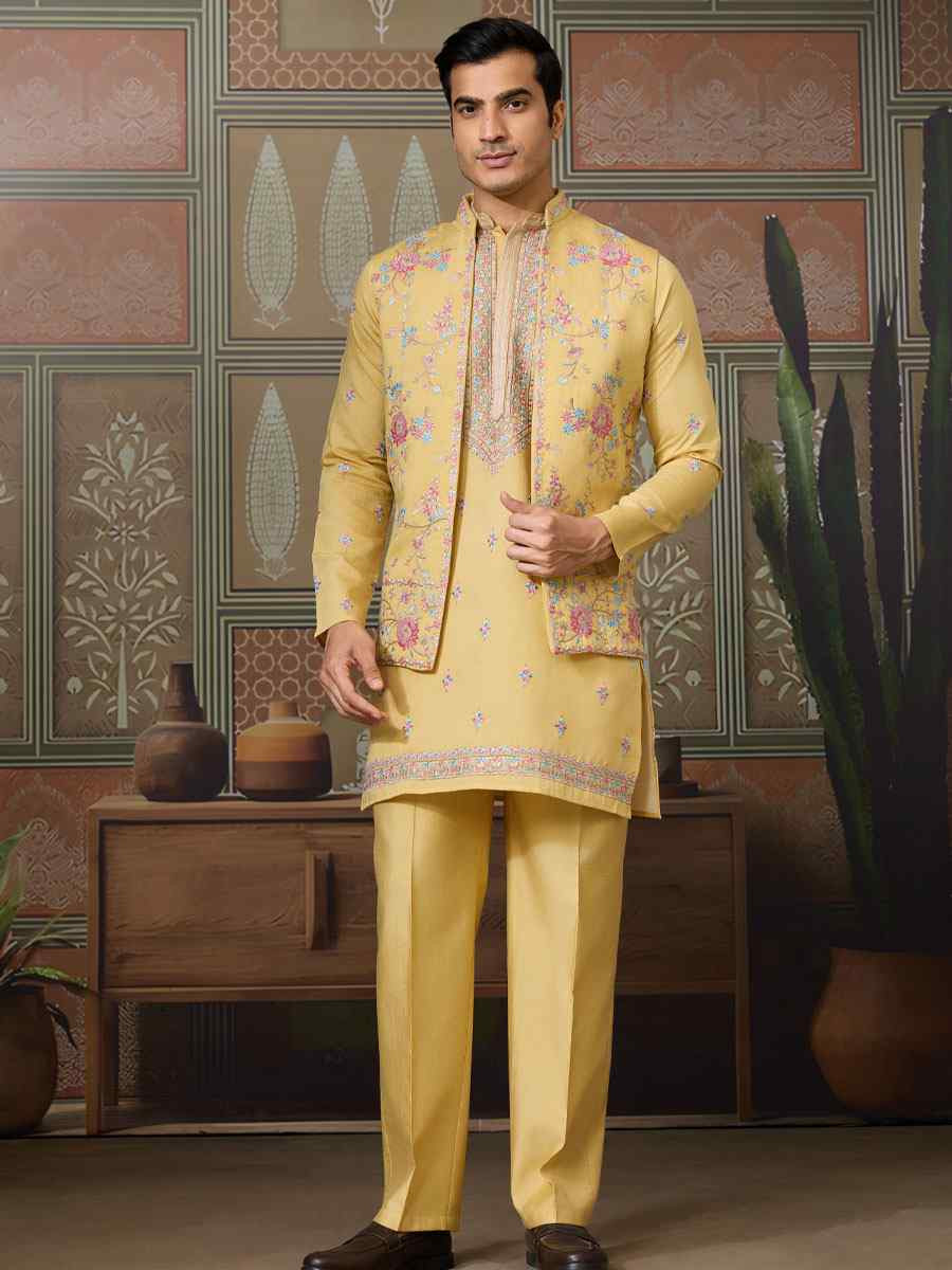 Yellow Silk Embroidery Festival Wedding Party Mens Kurta with Jacket