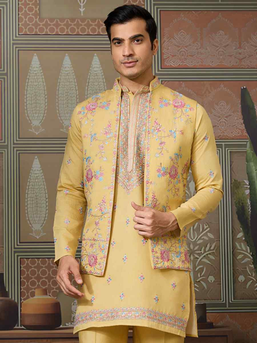 Yellow Silk Embroidery Festival Wedding Party Mens Kurta with Jacket