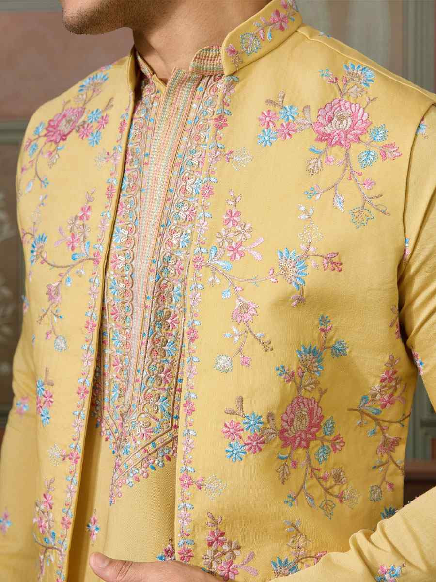 Yellow Silk Embroidery Festival Wedding Party Mens Kurta with Jacket