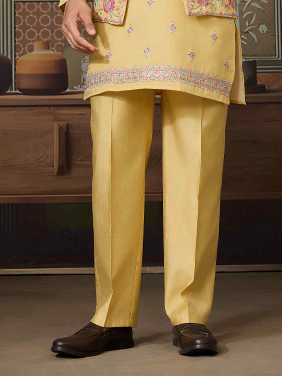 Yellow Silk Embroidery Festival Wedding Party Mens Kurta with Jacket