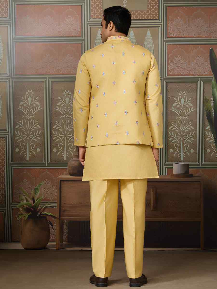 Yellow Silk Embroidery Festival Wedding Party Mens Kurta with Jacket