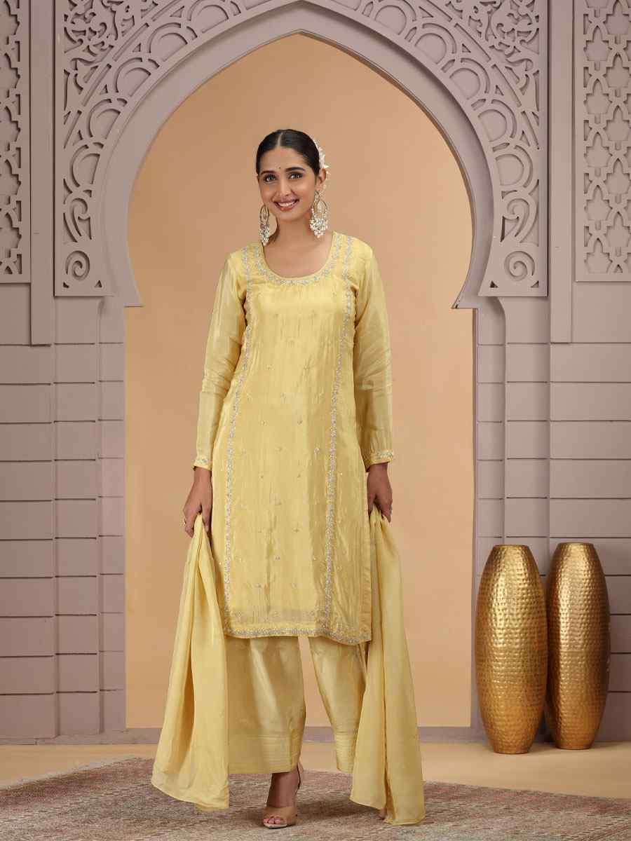 Yellow Silk Embroidery Party Wedding Festival Casual Ready Farsi Pant Salwar Kameez