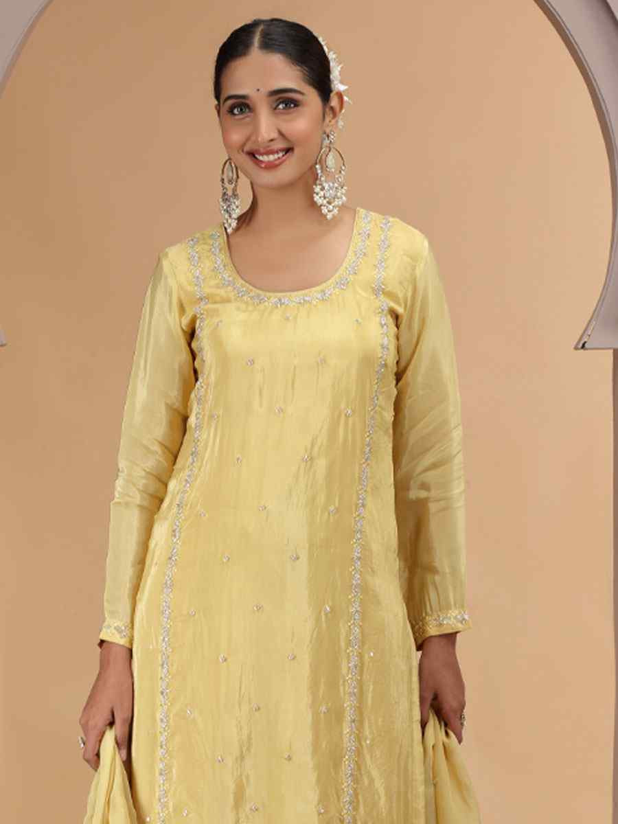 Yellow Silk Embroidery Party Wedding Festival Casual Ready Farsi Pant Salwar Kameez